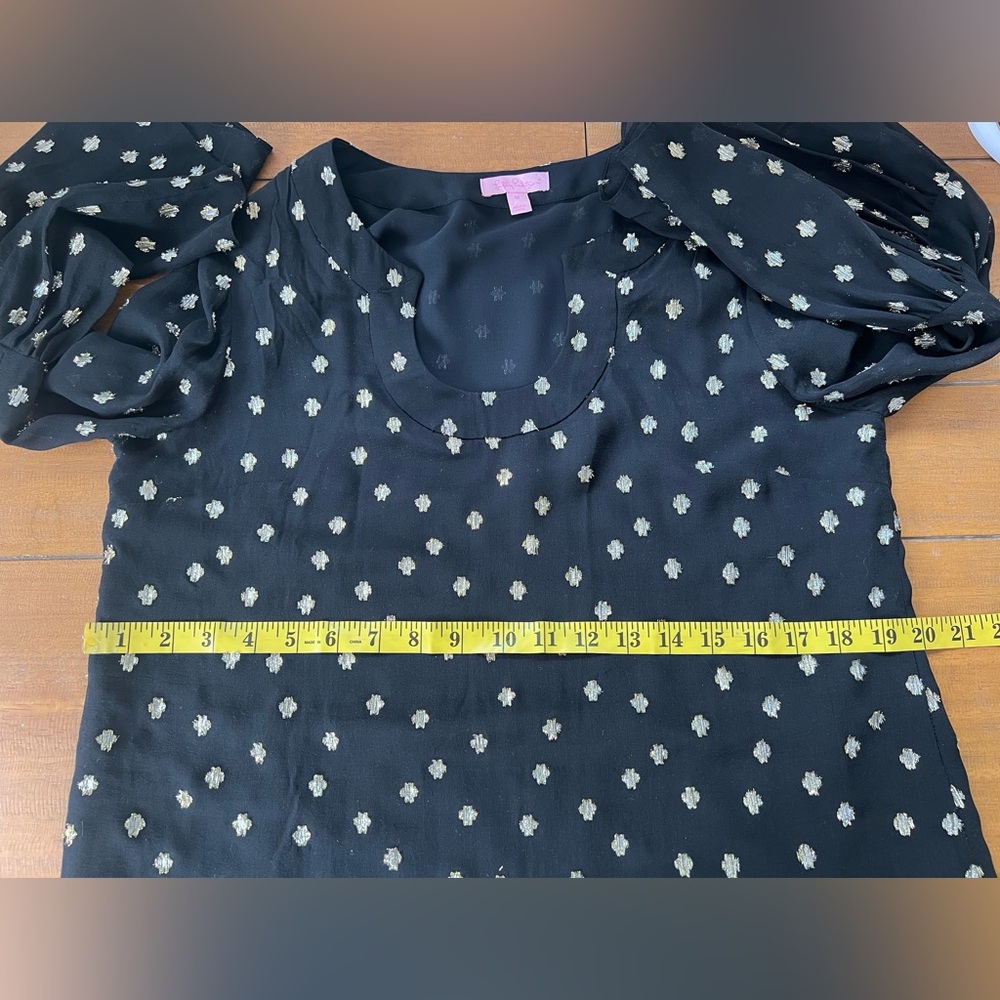 Lilly Pulitzer Amory Starry Silk Chiffon Blouse Black Gold Metallic Bell Sleeve - Picture 17 of 17
